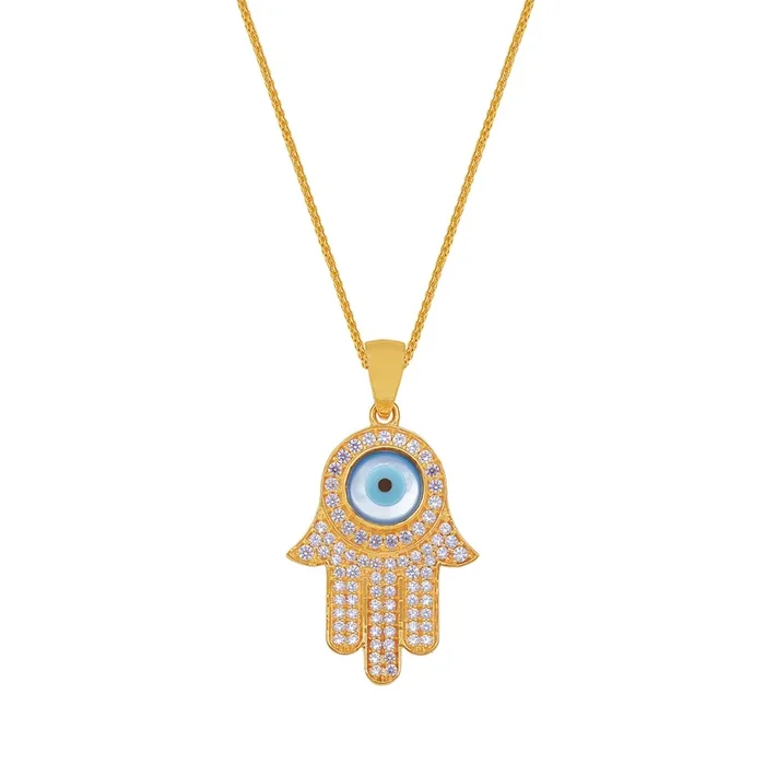 Hamsa Hand Evil Eye Pendant With CZ in 22K Gold