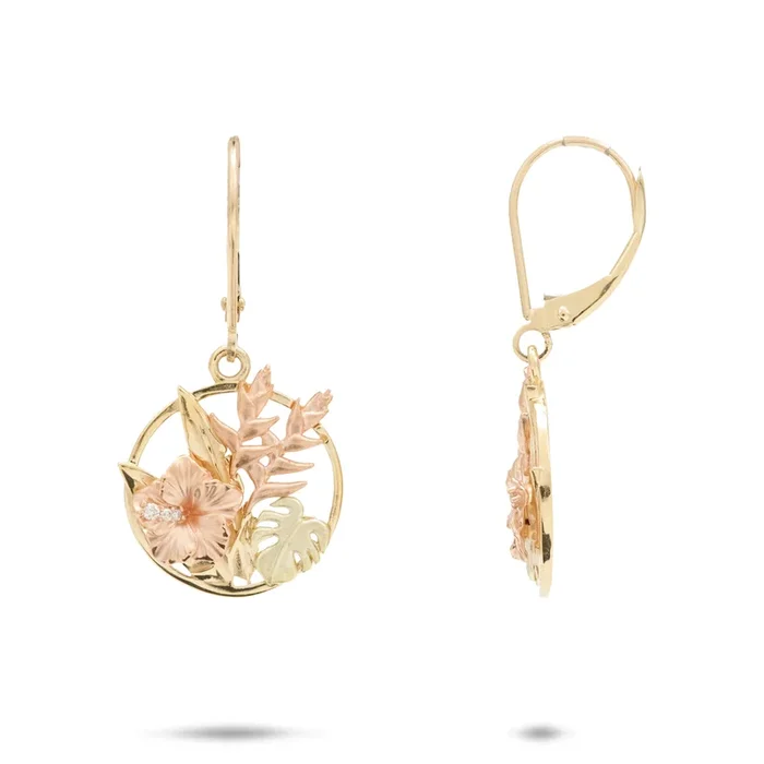 Hawaiian Gardens Hibiscus Earrings in Tri Color Gold with Diamonds – 15mm
