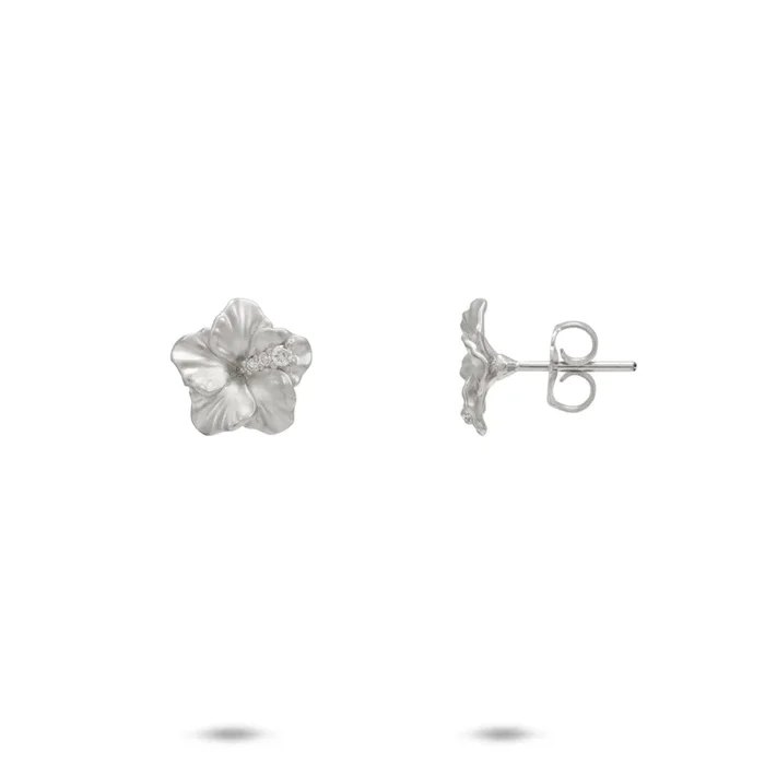 Hawaiian Gardens Hibiscus Earrings in White Gold with Diamonds – 9.5mm