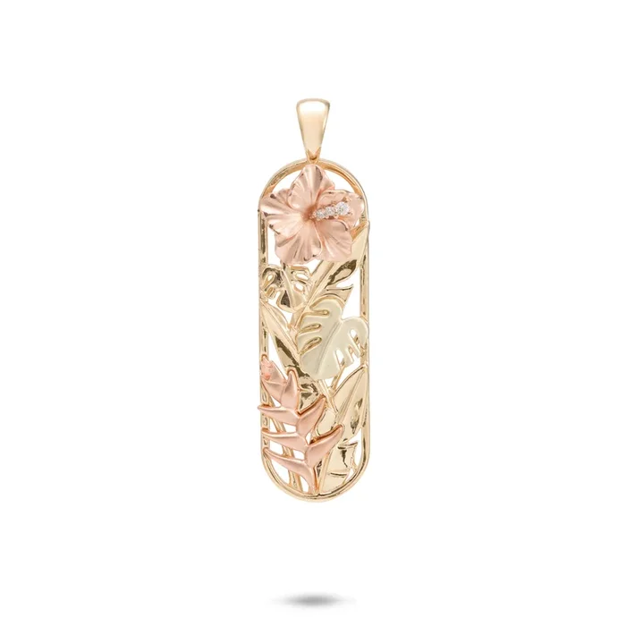 Hawaiian Gardens Hibiscus Pendant in Tri Color Gold with Diamonds – 32mm