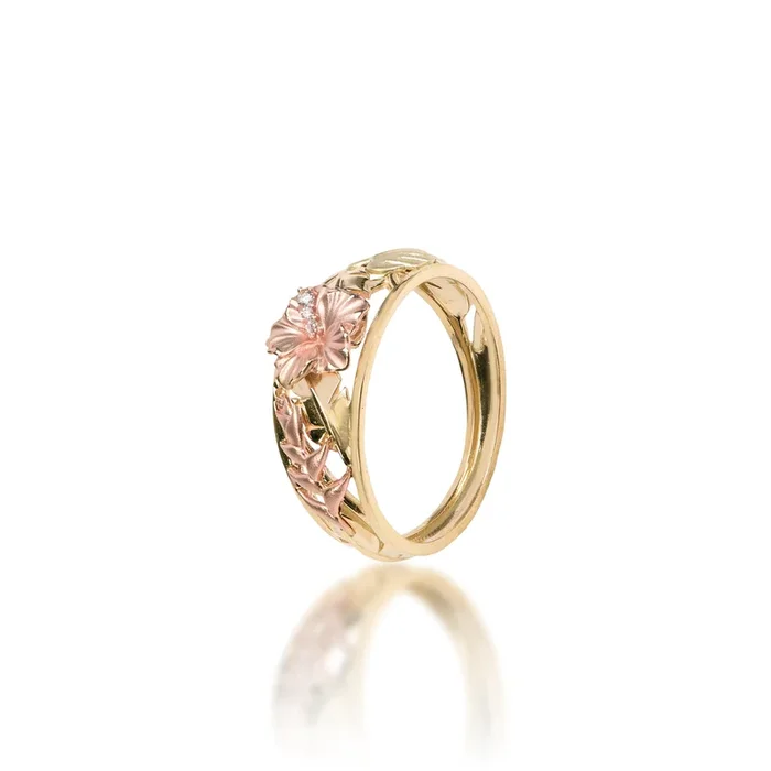 Hawaiian Gardens Hibiscus Ring in Tri Color Gold with Diamonds – 8mm