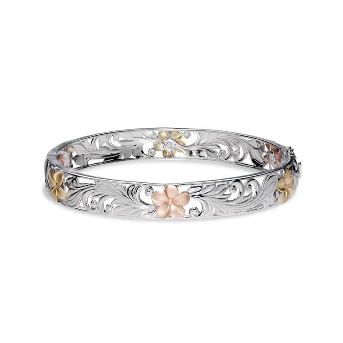 Hawaiian Heirloom Plumeria Hinge Bracelet in Tri Color Gold – 10mm