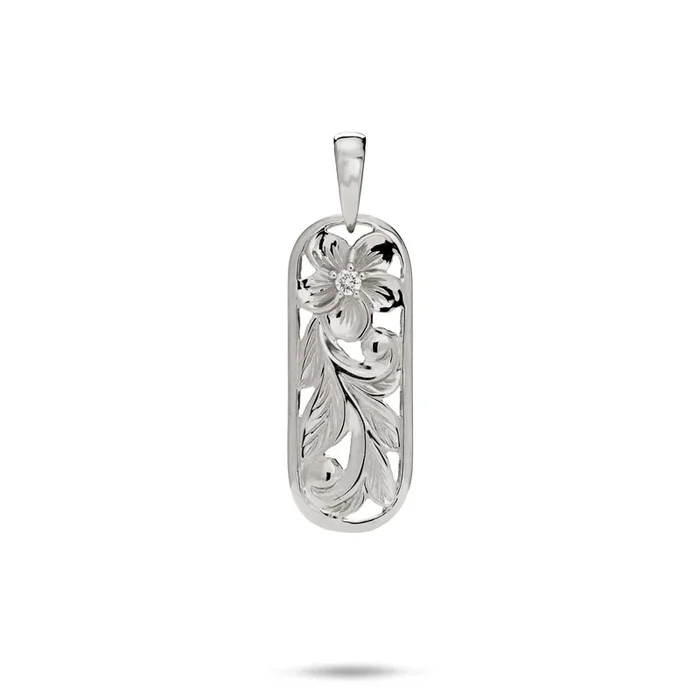 Hawaiian Heirloom Plumeria Pendant in White Gold with Diamond – 24mm