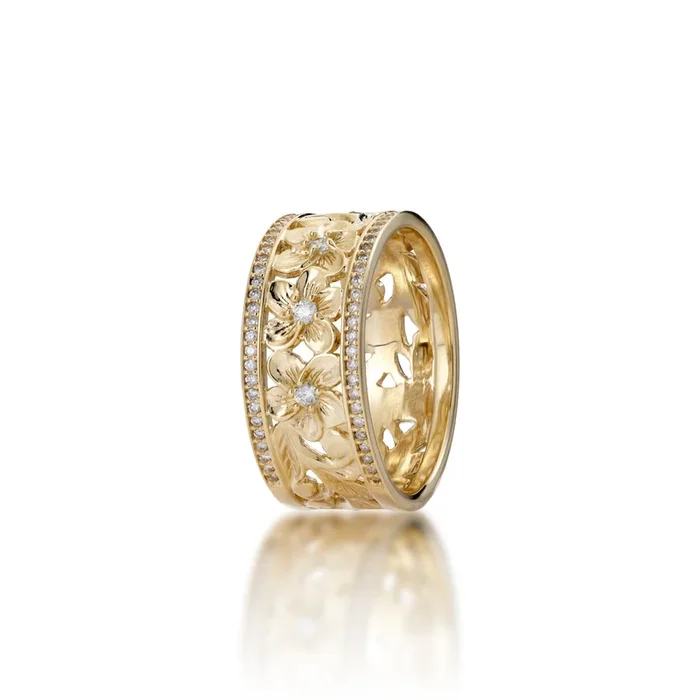 Hawaiian Heirloom Plumeria Ring in Gold with Diamonds -10mm