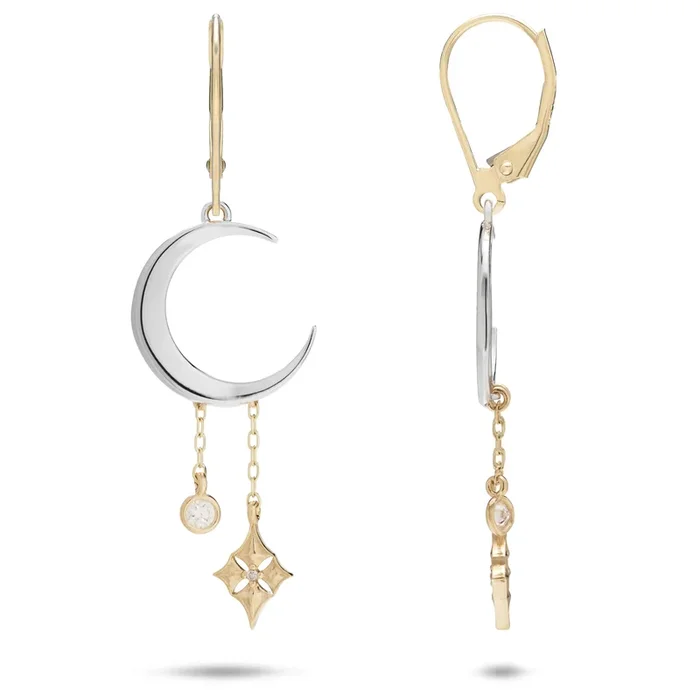 Hawaiian Quilted Star and Moon Earrings in Two Tone Gold with Diamonds – 35mm