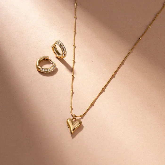 Heart Ball Chain Pendant & Diamond Huggie Hoop Earrings Combo Set