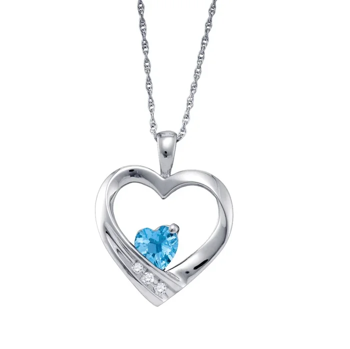 Heart Shape Blue Topaz and Diamond Birthstone 18-inch Pendant in Sterling Silver