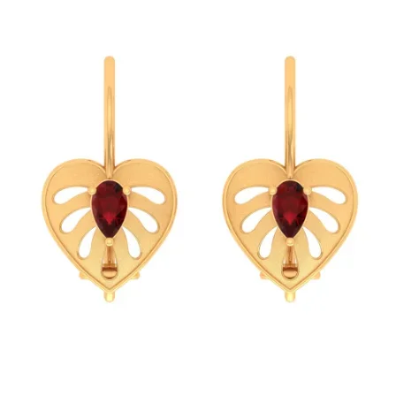 Heart Shaped Gold Earring Studded With Red Stone