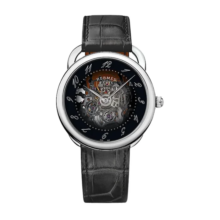 HERMÈS Arceau automatic watch black skeleton dial dark black leather strap 40 mm W049009WW00- Lepage