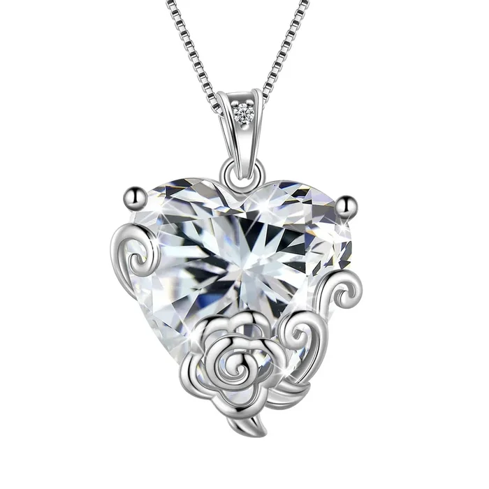 Herzförmige Halskette für Damen, Geburtsstein April, Diamant-Kristall-Brautschmuck, 925er Sterlingsilber, Rosenanhänger, ideales Geschenk zum Geburtstag oder Valentinstag für Mama