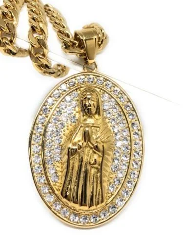 Hip Hop Gold Plated Iced Out Guadalupe Virgin Mary Pendant 30″ Cuban Link Chain