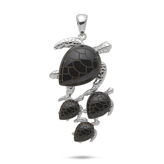 Honu Black Coral Pendant in White Gold – 36mm