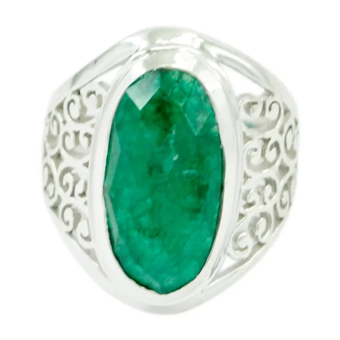 Indian Emerald Solitaire Latin American Silver Green Gemstones Mid-weight Filigree Ring Jewelry