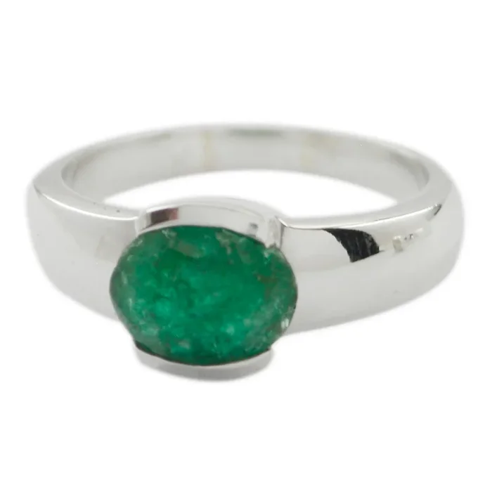 Indian Emerald Solitaire Russian Silver Green Gemstones Mid-weight Romantic Ring Jewelry
