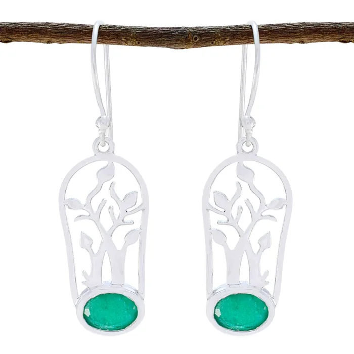 Indian Emerald Turkish Savannah Solitaire Dangle Green 92.5 Silver Earring