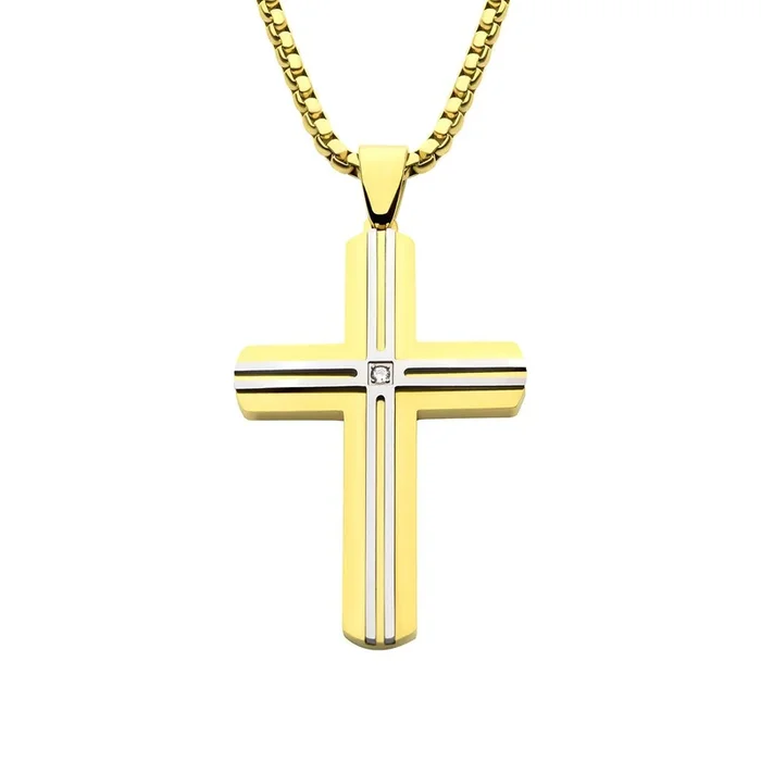 Inox 18KT Gold IP Stainless Steel Lab Grown Diamond Accent 24-inch Cross Pendant