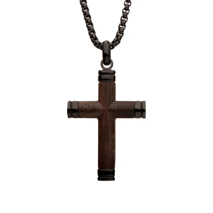 Inox 24-inch Black IP Stainless Steel Ebony Wood Cross Pendant