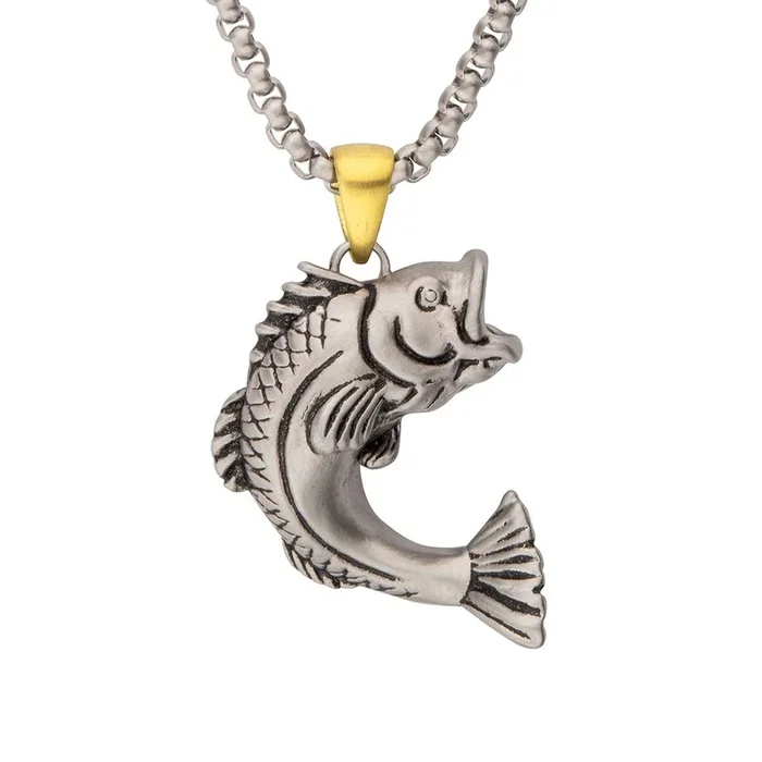 Inox Antiqued Matte Finish Stainless Steel 24-inch Largemouth Bass Pendant