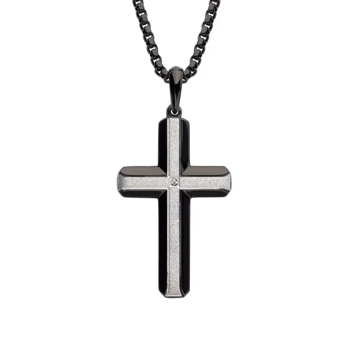Inox Black IP Brushed Finish Stainless Steel Lab Grown Diamond Accent 24-inch Cross