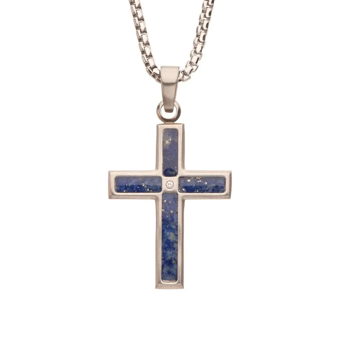 Inox Diamond Accent 22-inch Blue Lapis Cross Pendant in Stainless Steel