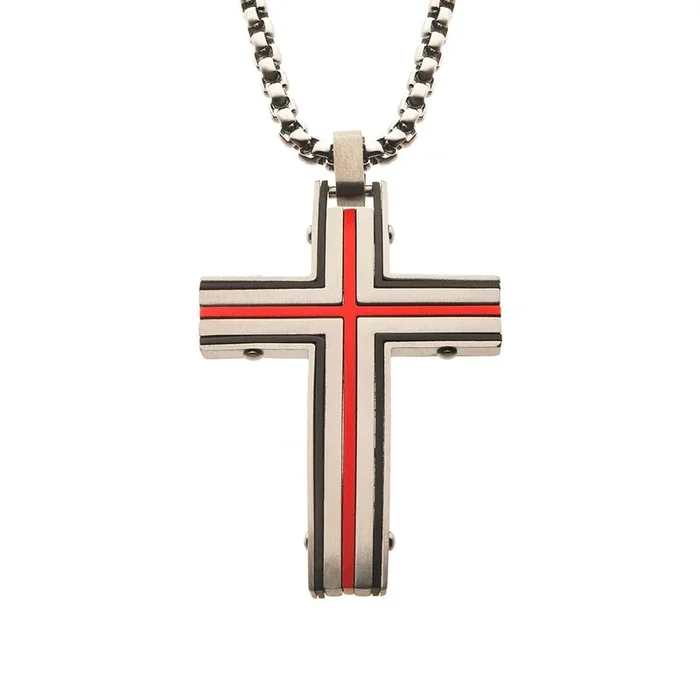 Inox Red IP Stainless Steel 24-inch Dante Cross Pendant