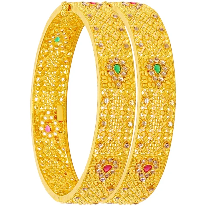 Intricate Openable 2pcs Kara with Gemstones in 22K Gold
