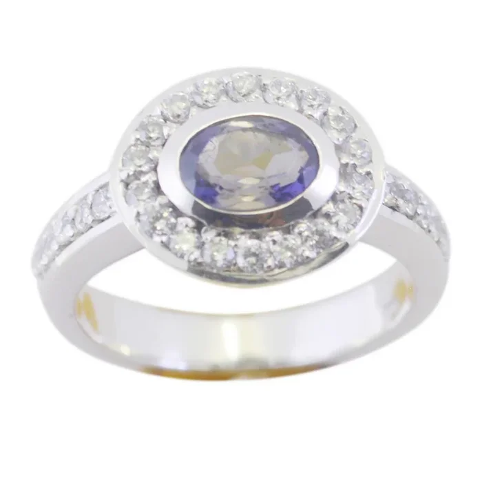 Iolite Halo French Silver Blue Gemstone Classic Trendy Ring Jewelry