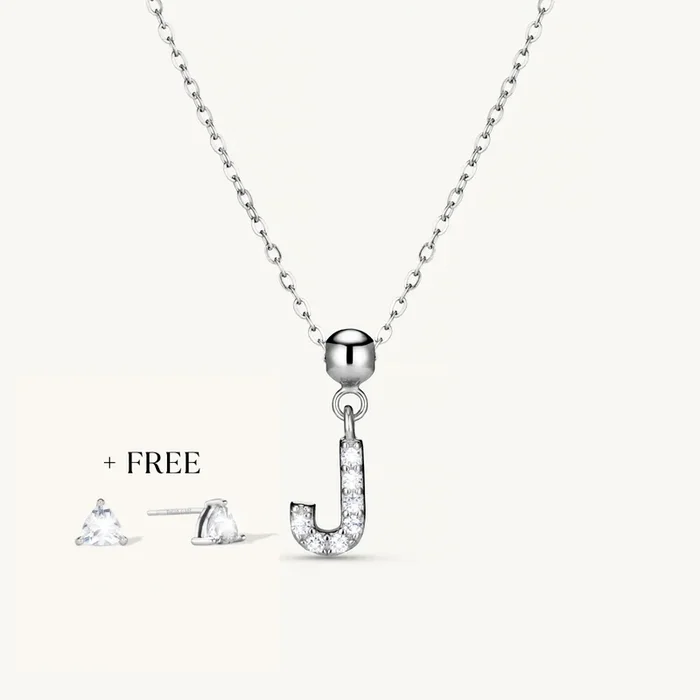 J Diamond Initial Charm Necklace + FREE Diamond Trio Studs Silver