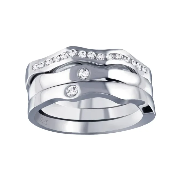 Juego de anillos apilables con circonita transparente chapada en rodio de plata 925 – AAR0048