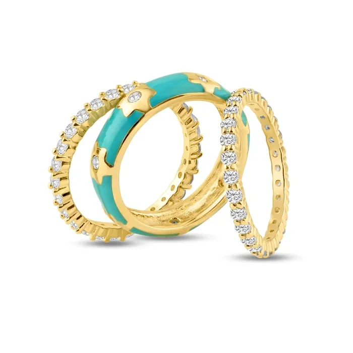 Juego de anillos apilables con flor de circonita cúbica y esmalte azul chapado en oro de plata 925 – STR00554