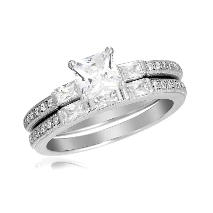 Juego de anillos de boda con piedra central cuadrada y micropavé chapados en rodio en plata 925 – BGR01065