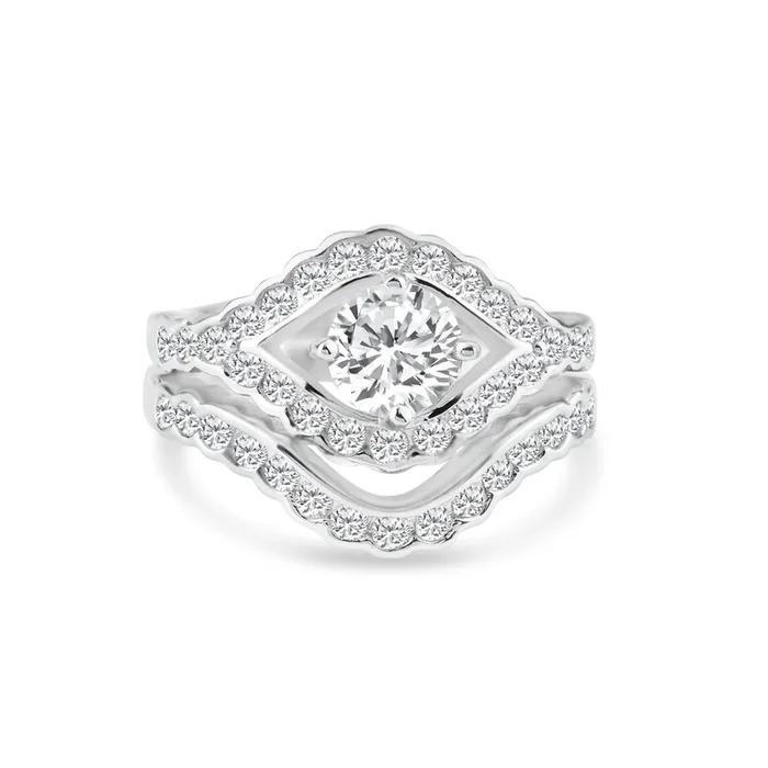 Juego de anillos de compromiso con circonita cúbica transparente chapado en rodio de plata 925 – BGR00713