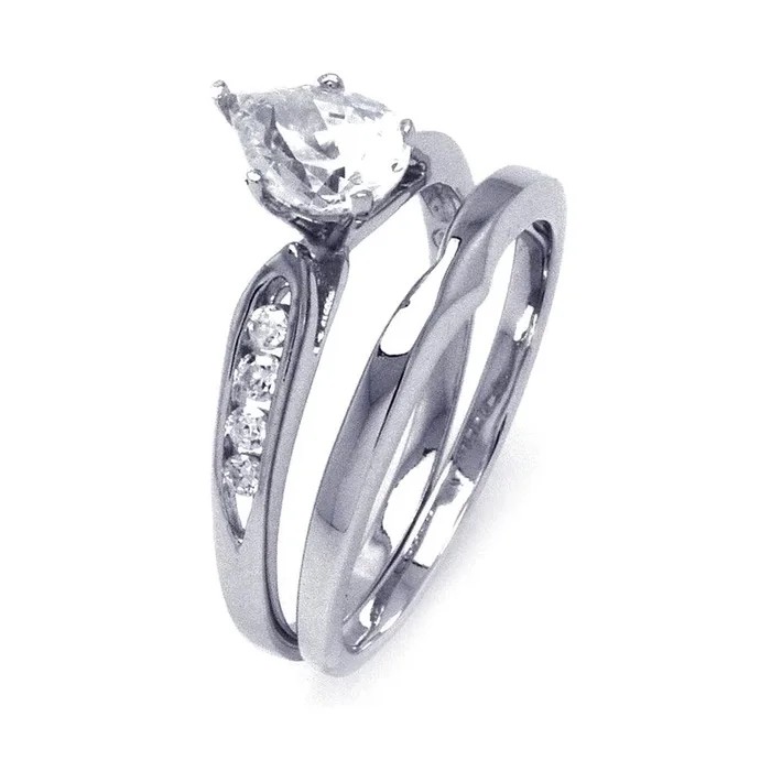 Juego de anillos de novia con circonita cúbica en forma de lágrima transparente bañada en rodio de plata 925 – STR00843