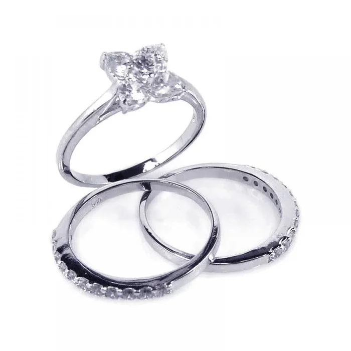 Juego de anillos nupciales con circonita transparente y centro de flores chapado en rodio de plata 925 – BGR00079