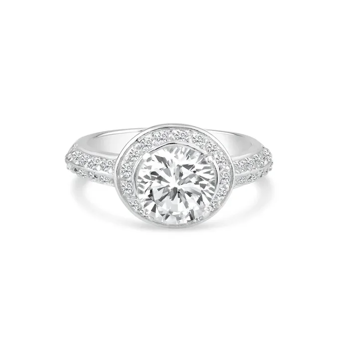 Juego de micro pavé transparente chapado en rodio de plata 925 y anillo nupcial con circonita central redonda – BGR00737
