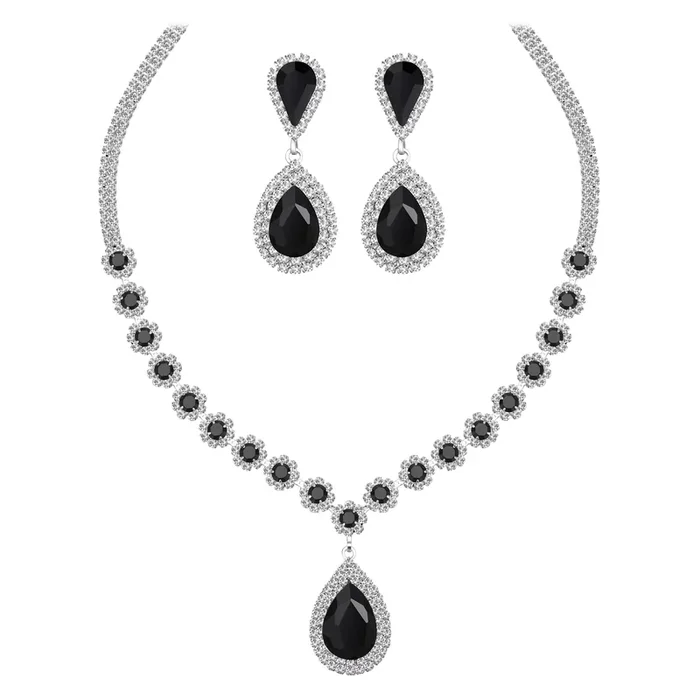 Juwaliy Damen-Schmuckset für die Braut, Hochzeit, Tropfenform, Kristall, Halskette und Ohrringe für die Braut, Brautjungfer, Party, Abschlussball, Geschenke