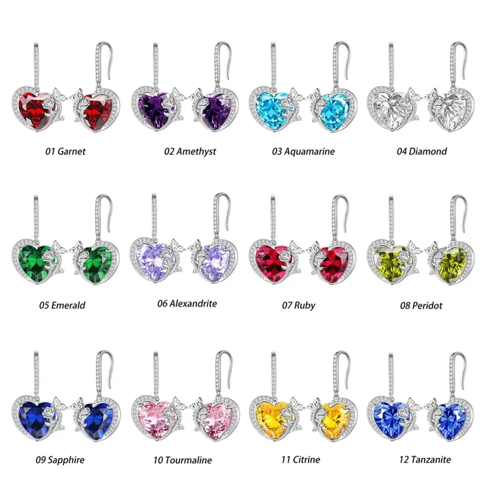 Juwaliy Ohrringe mit Geburtssteinen für Damen, Herz, Schmetterling, Blume, Schmuckhaken, 925er Sterlingsilber, Geschenk zum Valentinstag