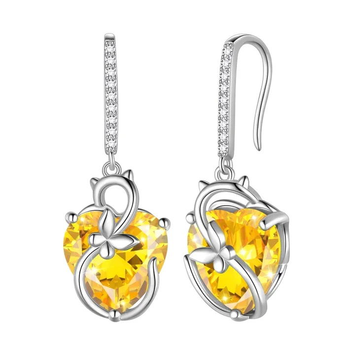 Katzen-Schmetterlings-Ohrringe für Damen, 925er Sterlingsilber, Hängeohrringe mit gelbem Herz und Citrin, Geburtsstein für November, Schmuck, Weihnachts-, Valentinstags-, Geburtstags- und Muttertagsgeschenk für Mama und Ehefrau