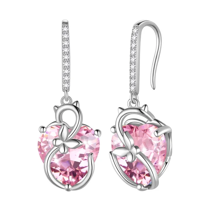 Katzen- und Schmetterlingsohrringe für Damen, 925er Sterlingsilber, Hängeohrringe mit rosa Herz und Turmalin, Geburtsstein Oktober. Schmuckstück, ideales Geschenk zum Muttertag, Weihnachten oder Valentinstag für Ehefrau und Freundin.