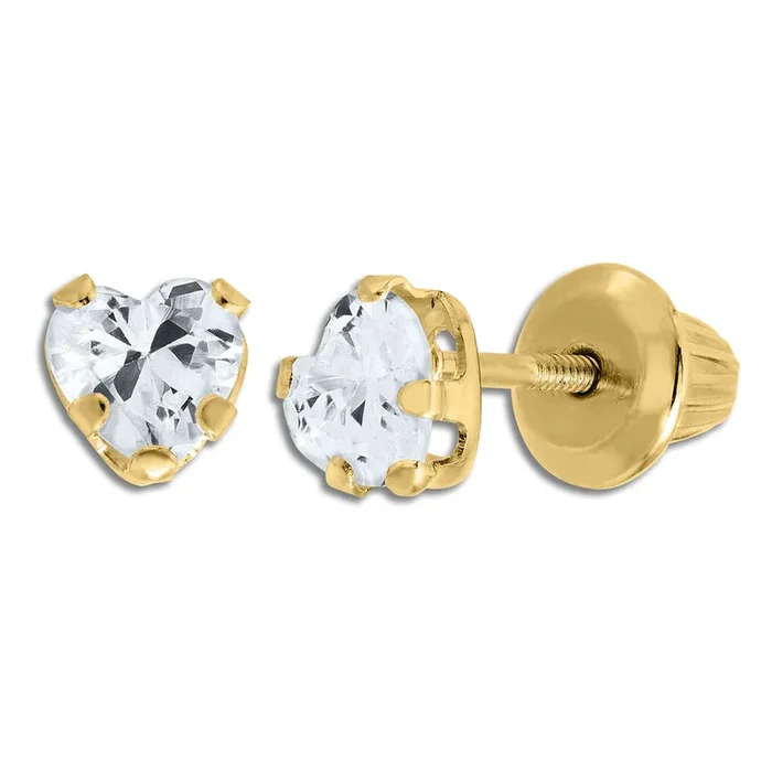 Kiddie Kraft 14KT Yellow Gold Heart Shape Cubic Zirconia Childrens Heart Stud Earrings