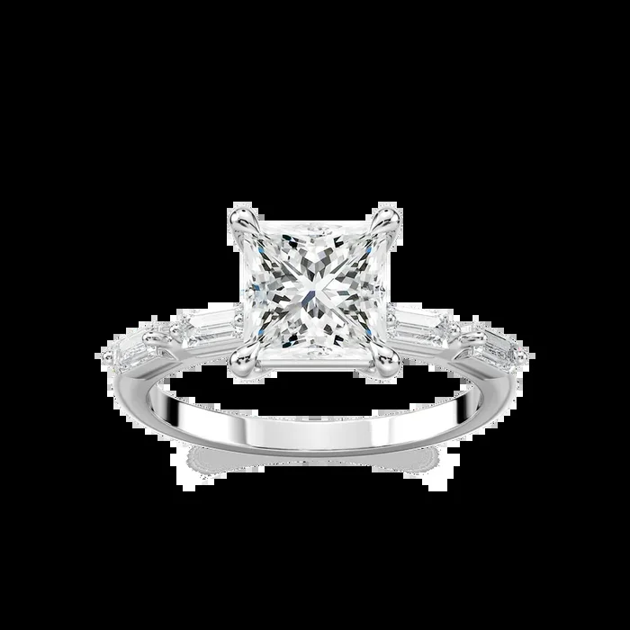Kira Princess Lab Grown Diamond Spaced Baguette Side Stone Engagement Ring