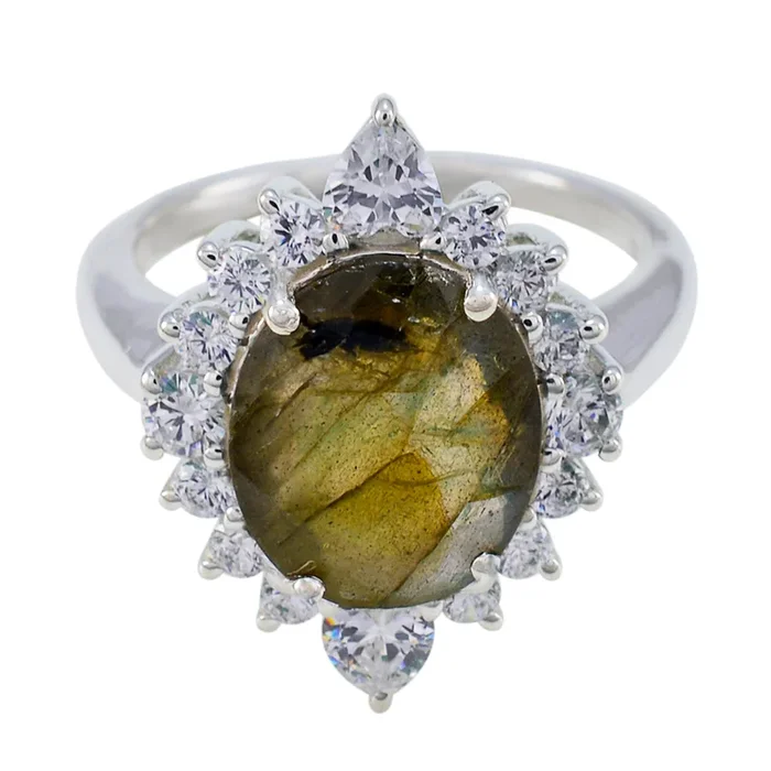 Labradorite Halo Russian Silver Gray Gemstones Eye-catching Trendy Ring Jewellery