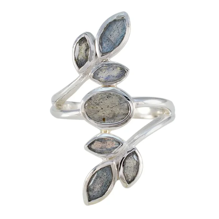 Labradorite Hepta Russian 925 Sterling Silver Gray Gemstones Mid-weight Leafy Ring Jewellery