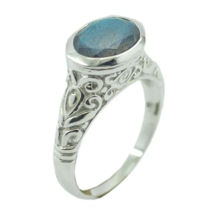 Labradorite Solitaire German Silver Gray Gemstone Minimal Art Deco Ring Jewellery