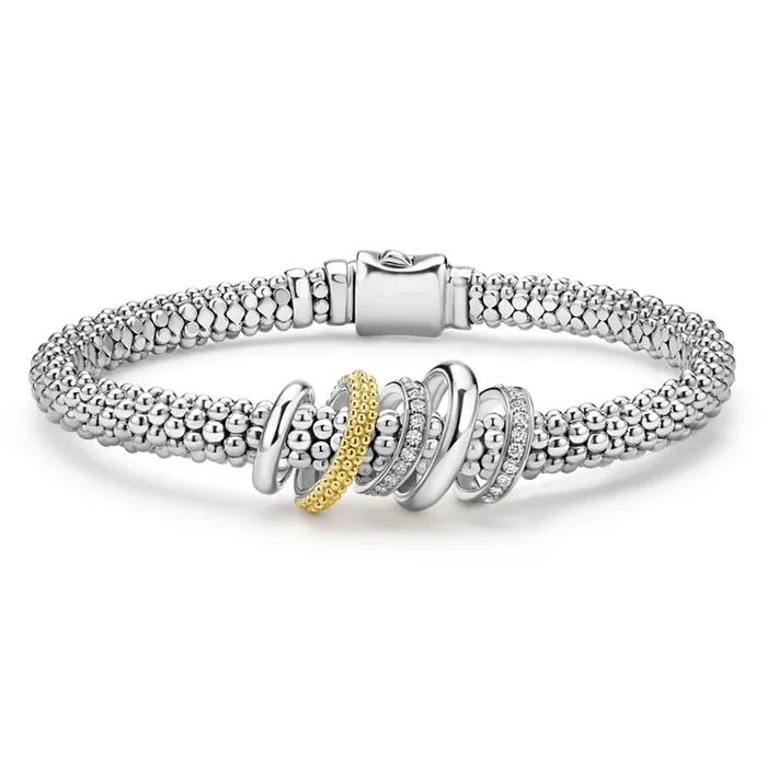 Lagos Caviar Lux Two-Tone Five Ring Diamond Caviar Bracelet, 6mm