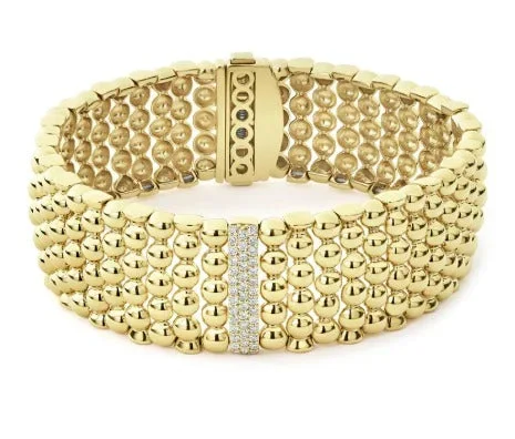 LAGOS Cavier Gold 20MM 18K Yellow Gold Bracelet With Pave Set Diamond Bar