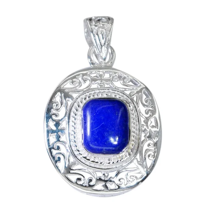 Lapis Lazuli Essential French 925 Silver Solitaire Milagros Art-Deco Blue Pendant Jewelry