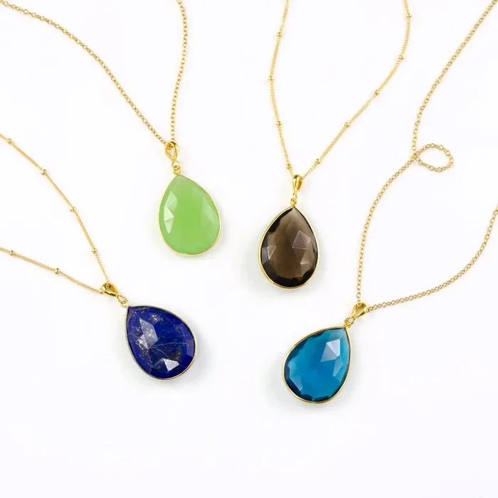 Large Natural Teardrop Necklace, Vermeil Gold or Sterling Silver bezel set necklace – Large Gemstone necklace