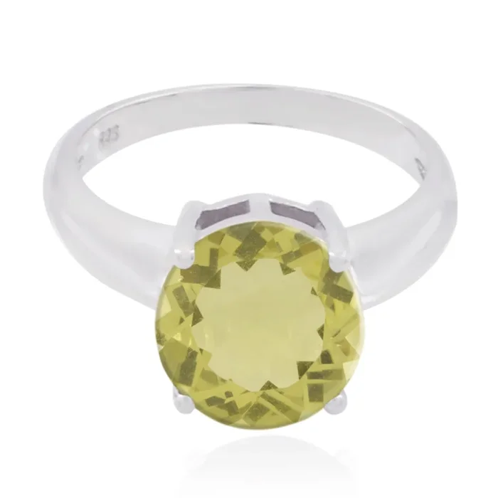 Lemon Quartz Solitaire French Silver Yellow Gems Slim Sophisticated Ring Jewelry