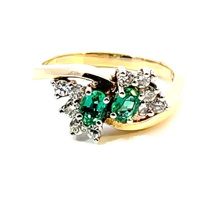 LEWIS COLLECTION 2 Oval Emeralds & Diamond 14K Yellow Gold Ring